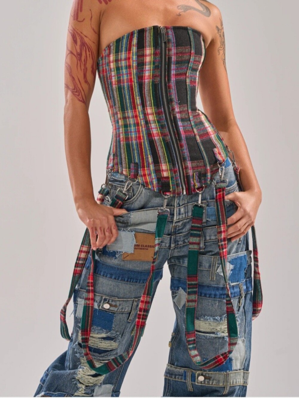 AKIRA Multi-Color Plaid Strapless Corset Top